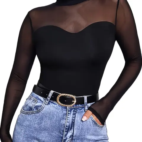 Women's Transparent Mesh Knit High Neck Long Sleeve T-Shirt, Plain Color Elegant Daily Commute Wear, Slim-Fitting Unlined Top
