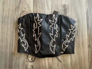 Lucky & Blessed Western Faux Leather Corset Top with Boot Stitch Embroidery