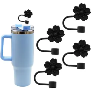 Flower  Straw Cover Cap for  Cup,Straw Topper 10mm 0.4in Dust-Proof  Straw Tips ,Straw Tip Covers  for Party Decor (Black Cherry blossom 4 count)
