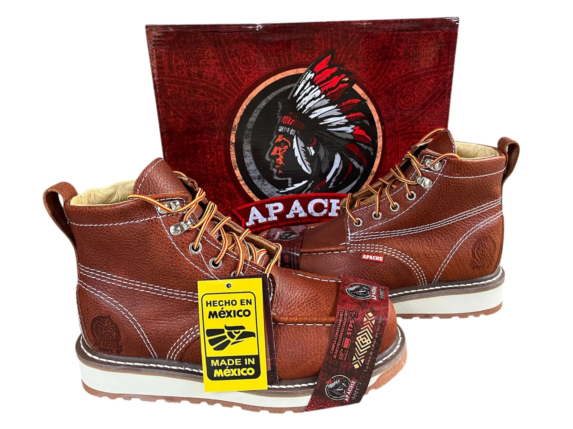BOTA DE TRABAJO CON CASQUILLO MIEL PIEL DE ALTA CALIDAD / MEN'S WORK BOOTS STEEL TOE MOC TOW HIGH QUALITY LEATHER