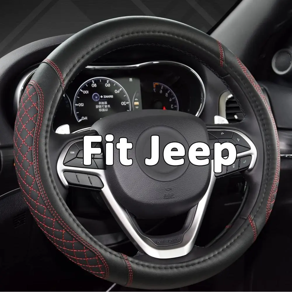 Customized Auto Car Steering Wheel Cover for Jeep Grand Cherokee, Wrangler, Compass, Gladiator, Cherokee 14.5-15 in (Diamond Quilted - Black + Red - Standard Size)