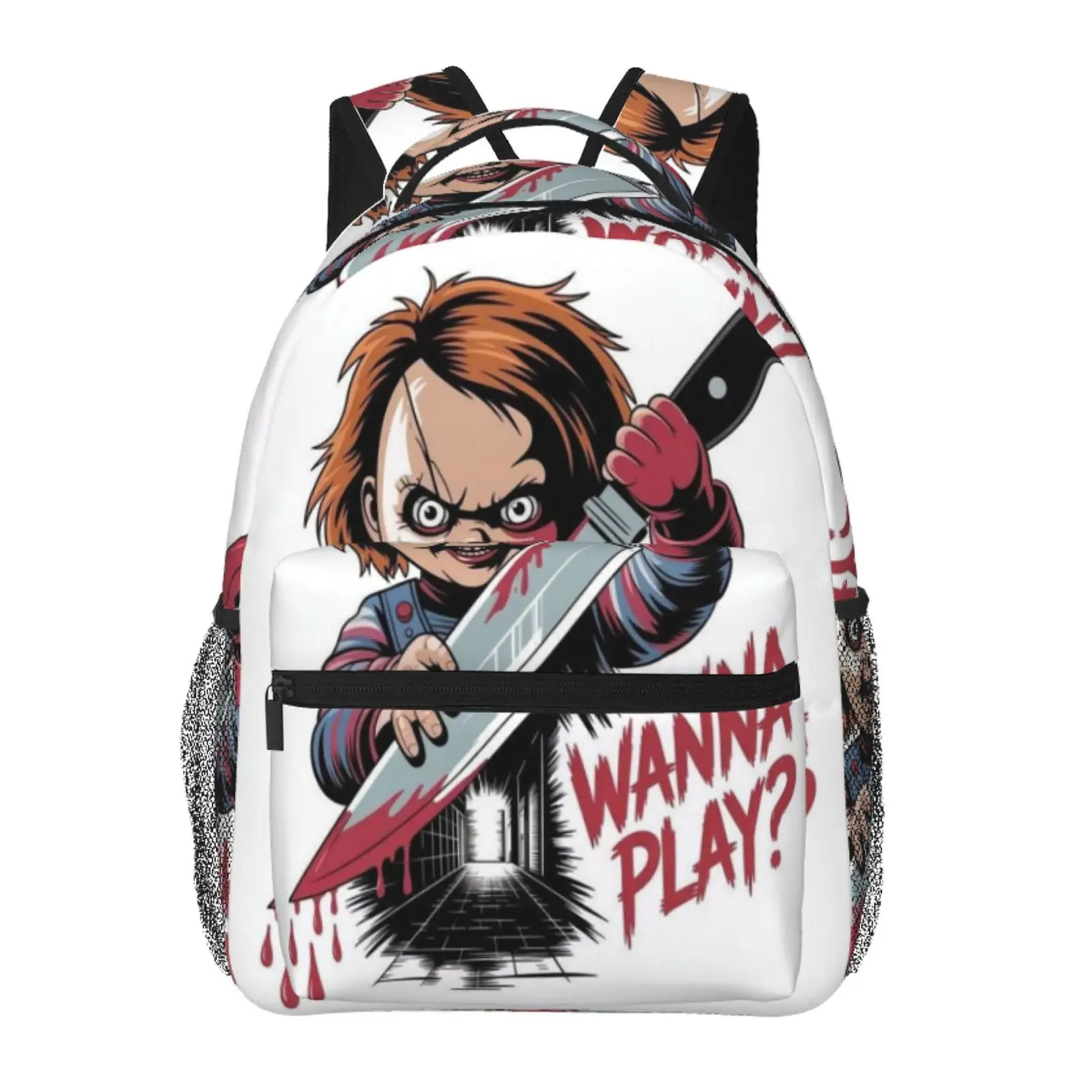 Chucky All-Over Print Backpack Large Capacity Chucky Everyday Carry Bag for Daily Errands Outdoor Activities Casual Workdays, Cartoon Goth Chucky Merch Laptop Daypack School Bag for Men Women Students & Gift Giving