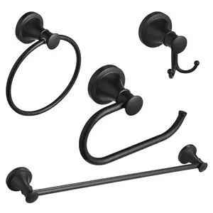 BESy Matte Black 4 Count Bathroom Accessories Set (Single Towel Bar, Towel Ring, Toilet Paper Holder, Double Towel Hooks), Wall Mounted Bath Hardware Accessory Fixtures Rack Set
