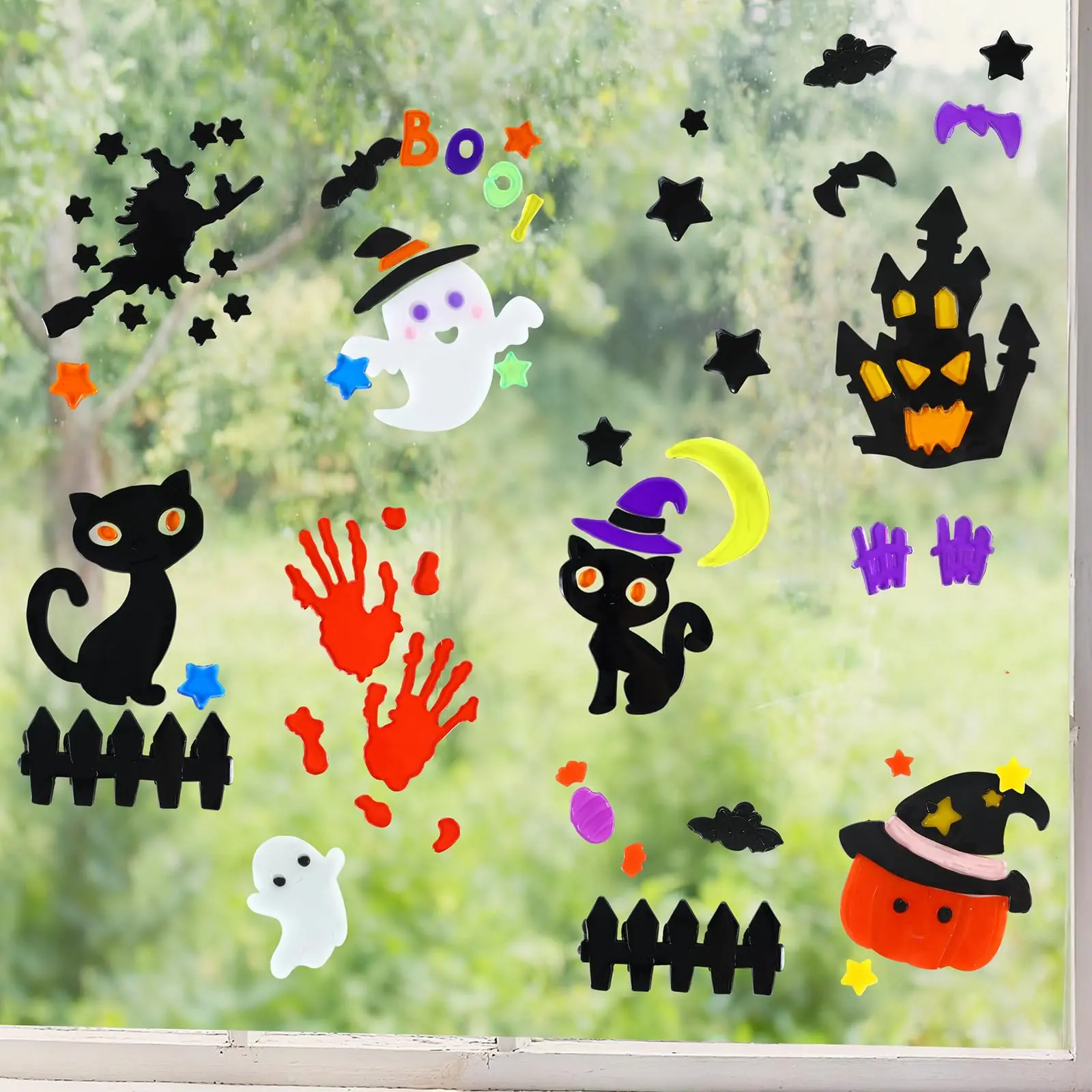6 Sheets Halloween Window Gel Clings, Pumpkin Bat Witch Decal Stickers for Halloween Decoration, Cute Window Decorations for Home Party
