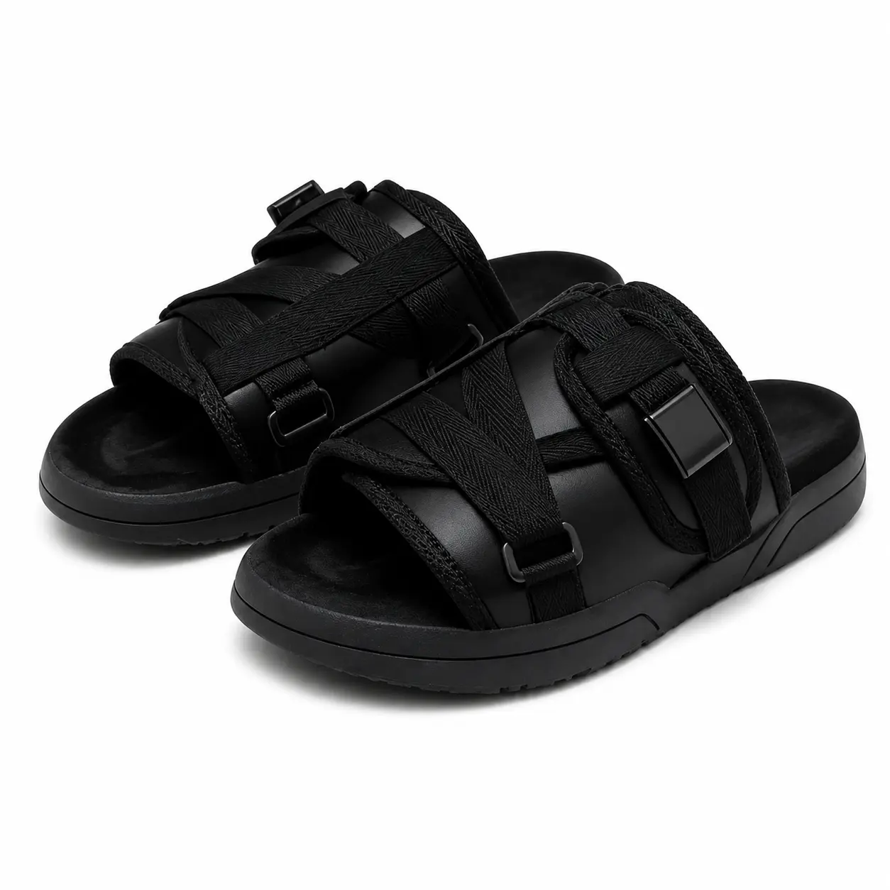 Black Cross-Strap Slide Sandals, Open-Toe Slip-On Footwear with Buckle Detail for Casual Indoor and Outdoor Wear