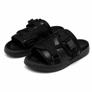 Black Cross-Strap Slide Sandals, Open-Toe Slip-On Footwear with Buckle Detail for Casual Indoor and Outdoor Wear