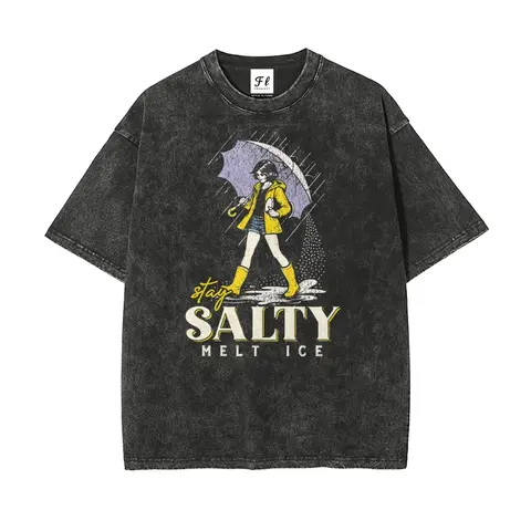 Men's Oversize Vintage Retro Batik Cotton T-Shirt - Unisex Sizing, Round Neck Shortsleeve, Casual Fashion Soft Pre-Shrunk Fabric, Pro Immigration Anti-ICE Stay Salty Melt ICE, Basic Streetwear Top, All Seasons Easy Pick