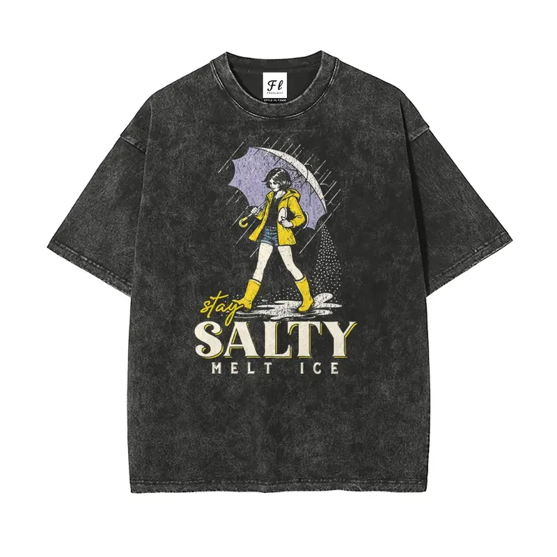 Men's Oversize Vintage Retro Batik Cotton T-Shirt - Unisex Sizing, Round Neck Shortsleeve, Casual Fashion Soft Pre-Shrunk Fabric, Pro Immigration Anti-ICE Stay Salty Melt ICE, Basic Streetwear Top, All Seasons Easy Pick