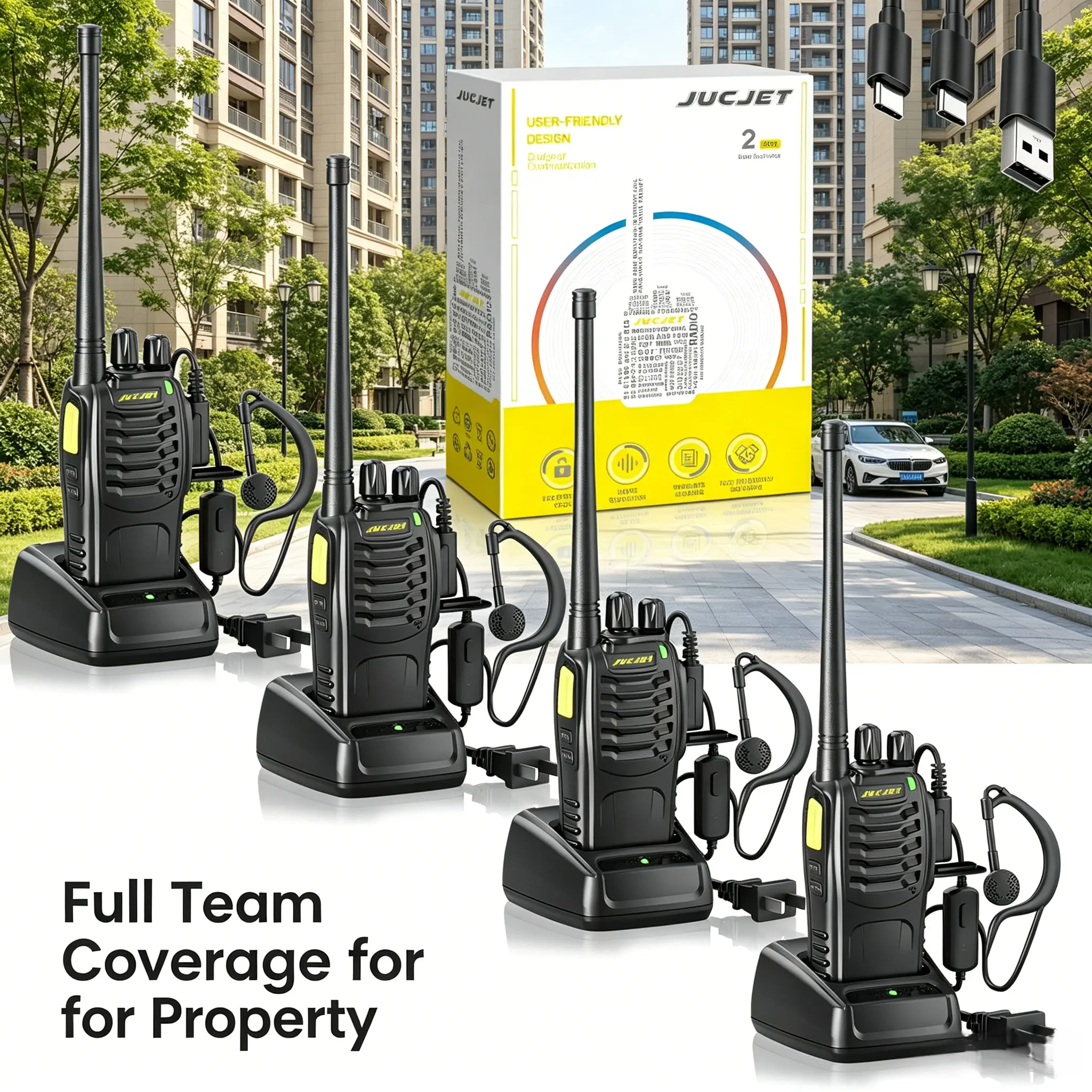 JUCJET 4-Pack Rechargeable Walkie Talkies with Earpieces, 1-Click Matching, Eavesdropping Prevention, for Ham Beginners & Experienced Adults, Non-Water Resistant 2-Way Radios for Camping, Road Trip, Fast US Shipping