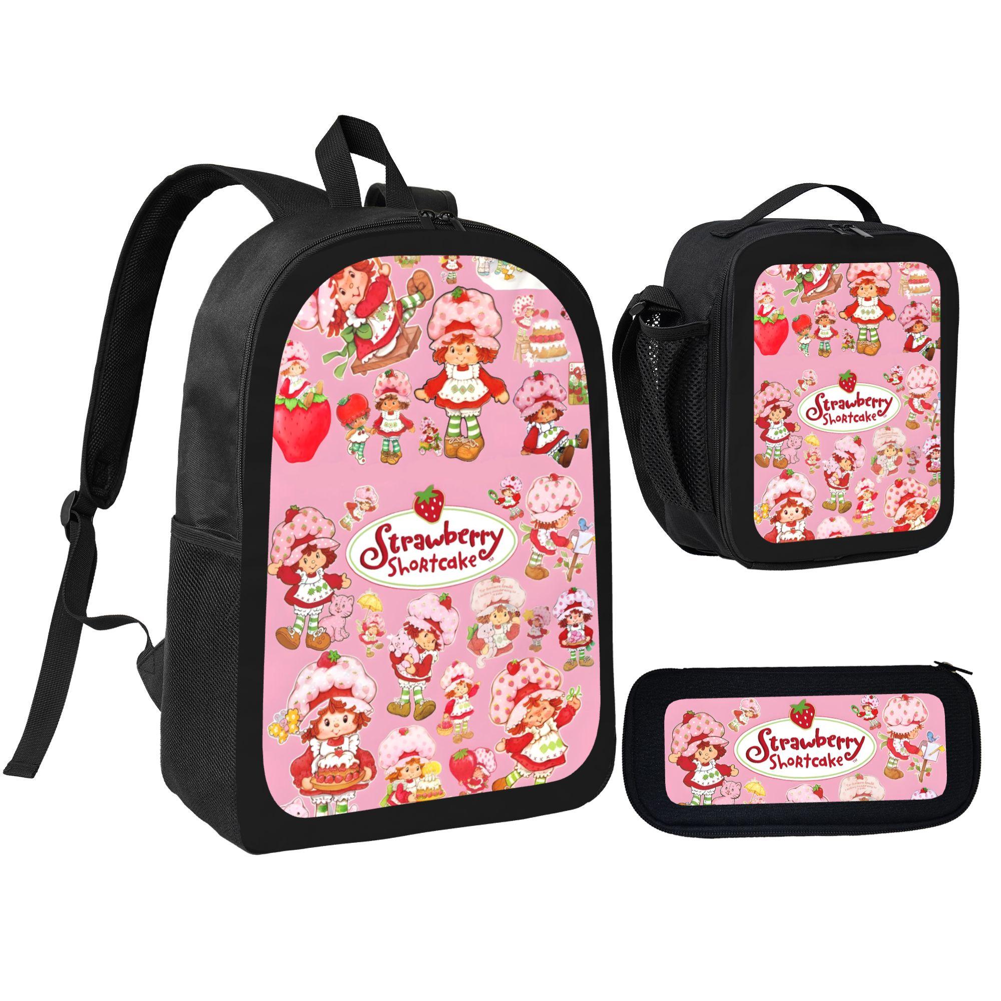 Strawberry Shortcake Cute Cartoon Strawberry Print Backpack Large Capacity Trendy for School Travel Trend with Lunch Box and Pencil Case for Boys Girls Stylish for Kids Teens