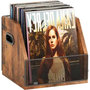 Record Storage, Record Box Case Crate, Vinyl Record Album Holder, Desktop Metal & Wooden LP Record Crate, Holds up to 60 Records（Patent No.D1024563