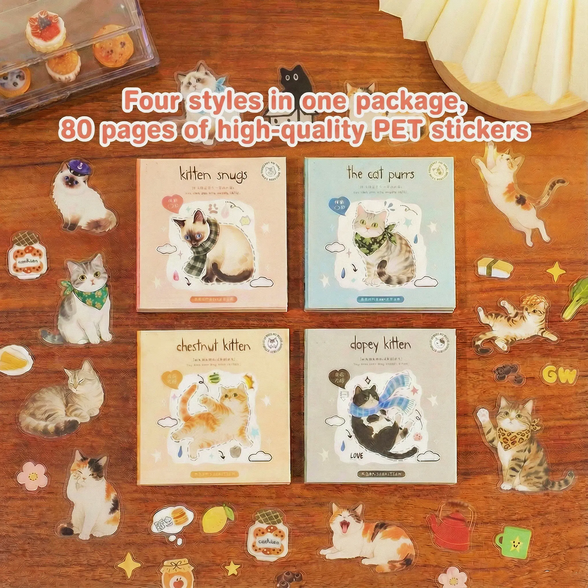 80 Sheets 4 Styles Cute Cat Sticker Book Pack – High-Quality PET Aesthetic Kawaii Cat Stickers for Journaling, Scrapbooking, Planners & DIY Crafts, Cut Out Stickers, Animal Scrapbook Decals