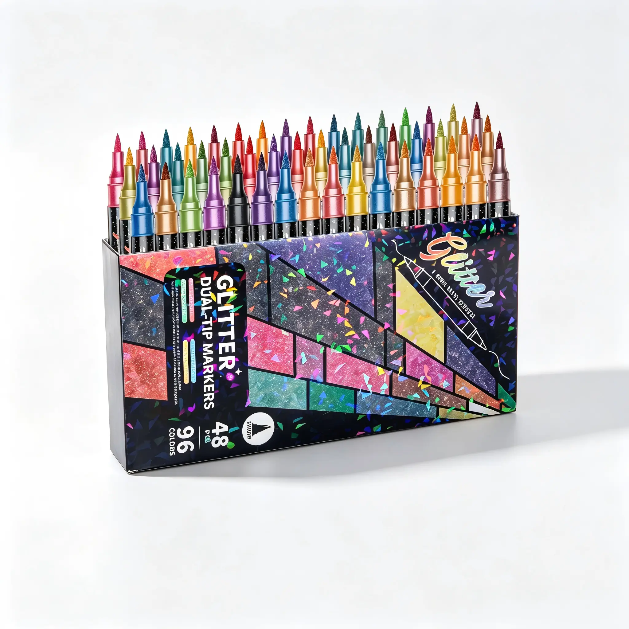 Dual Tip Glitter Marker Set, 48/24 Pack with 96 Shimmery 2-Tone Glitter Colors, Fine Point & Soft Brush Dual Nibs, Water-Based Non-Toxic Sparkle Paint Pens for Rock Painting, Bullet Journal, Office Stationery Supplies