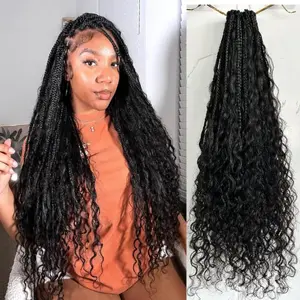YGwigs Boho Crochet Box Braids with Human Hair Curls Pre-Looped