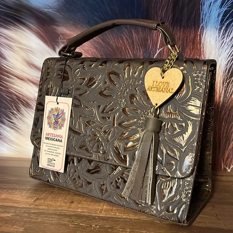 Coqueta Sunflower Embossed d Handcrafted Mexican Artisan Bag with Tassel and Heart Charm