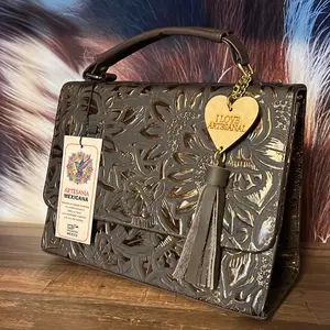 Coqueta Sunflower Embossed d Handcrafted Mexican Artisan Bag with Tassel and Heart Charm