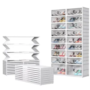 9-Tier Foldable Shoe Rack Organizer for Closet,36Pairs Collapsible Plastic Shoe Shelf,Large Shoes Cabinet with Door,Clear Stackable Storage Box Easy Assembly