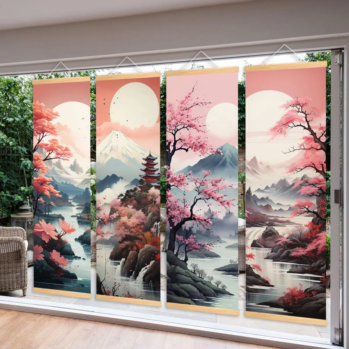 Wooden Hanging Banner, 4 Counts/set Landscape Pattern Wall Art, Modern Art Fashion Decoration, Office Poster, Room, Home Poster, Hallway Mural, Ornaments