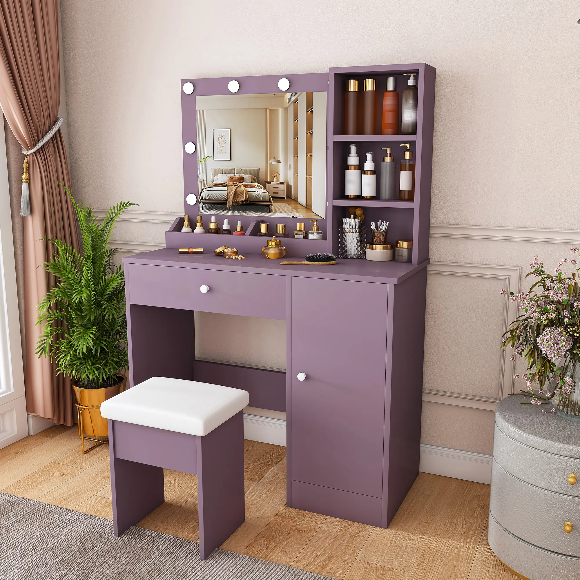 Purple Modern Bedroom Makeup Vanity Desk Set - Furniture with Padded Stool, Adjustable Lighted Round Bulb Mirror (3 Color Modes), Storage, Organization, Design & Interior Home Decor