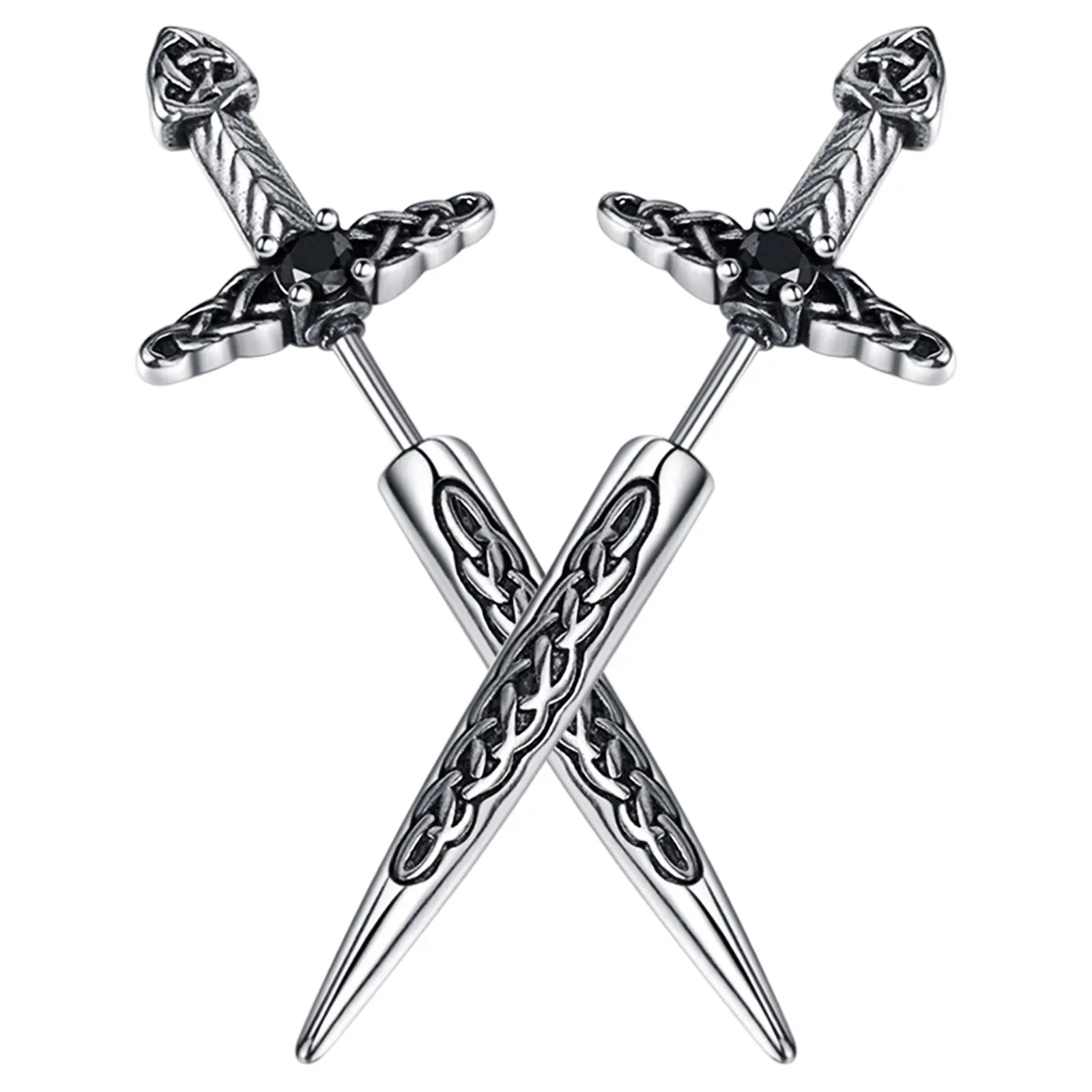 OIDEA Men's Gothic Sword Pendant Earrings - Hypoallergenic Viking Stainless Steel Studs, Black Dagger Spike, Zirconia Accents, Elegant Punk Style Youth Gift