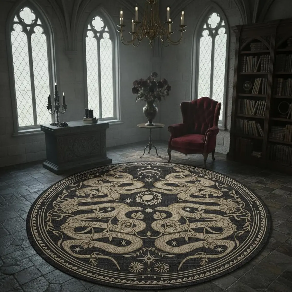 Round Living Room Carpet, Vintage Plant Pattern Snake Skin Design, Foldable Washable Non-Slip Mat, Home Decor Ideal for Lounge Bedroom Sofa Dining Hotel, Machine Washable Rug, Living Room Rug, Decorative Rug