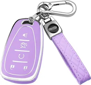 for Chevy Key Fob Cover with Keychain,Soft TPU Key Case Shell Full Protection for 2016-2021 Chevy Equinox Malibu Camaro Cruze Blazer Traverse Trax 5 Button Holder (Purple)
