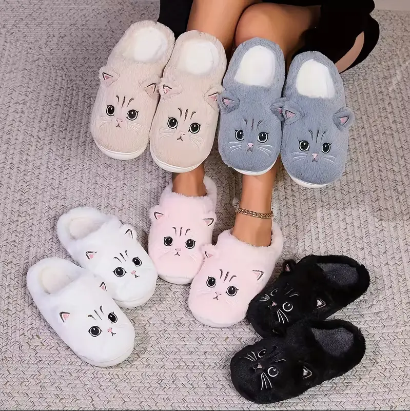 Women's Cute Cartoon Cat Plush Winter Slippers - Kawaii Closed-Toe Slip-Ons, Fuzzy Warm Indoor Home Footwear, Soft Cushioned Fluffy Sole Home Slippers, Fuzzy Warm Slippers