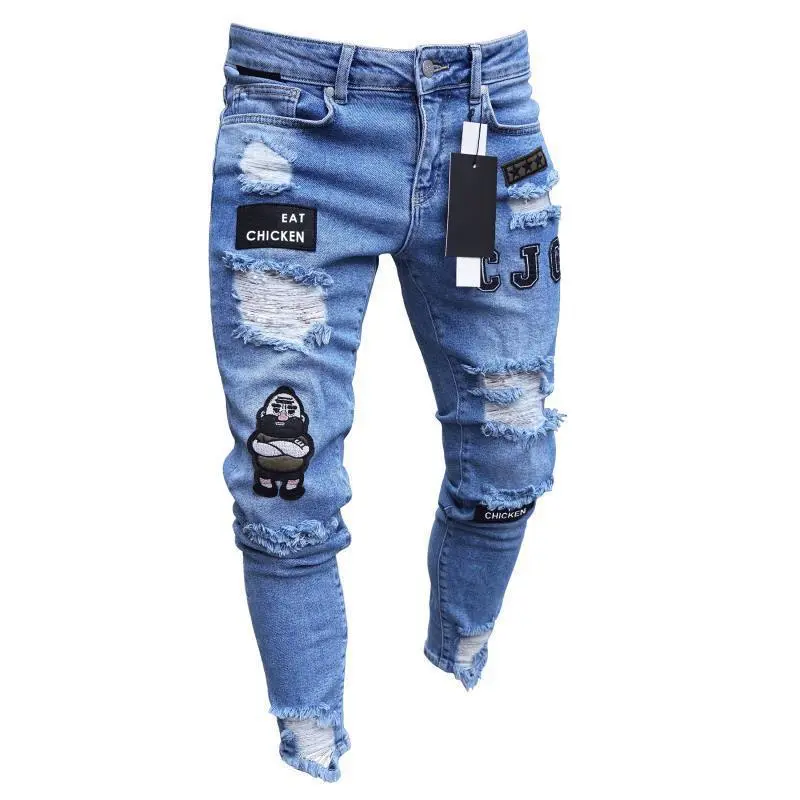 Fashion Men Holes Embroidery Stretch Skinny Jeans Trousers Ripped Slim Male Joggers Pencil Denim Pants Embroidered Casual Streetwear Chicken Menswear Sneakers Stylish Pocket baggy pants skinny jeans baggy jeans men DFYD