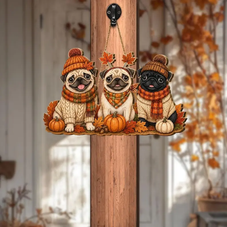 Halloween Pug Welcome Sign - Cute Pug Door Hanger, Witch-Vampire-Skeleton Themed Dog Decor, Spooky Fall Porch Sign, Dog Lover Home Gift