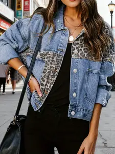 Women's Buttoned Distressed Leopard Print Denim Jacket, Washable Effect, Long Sleeve, Ripped Design, Fashionable Jaguar Pattern
