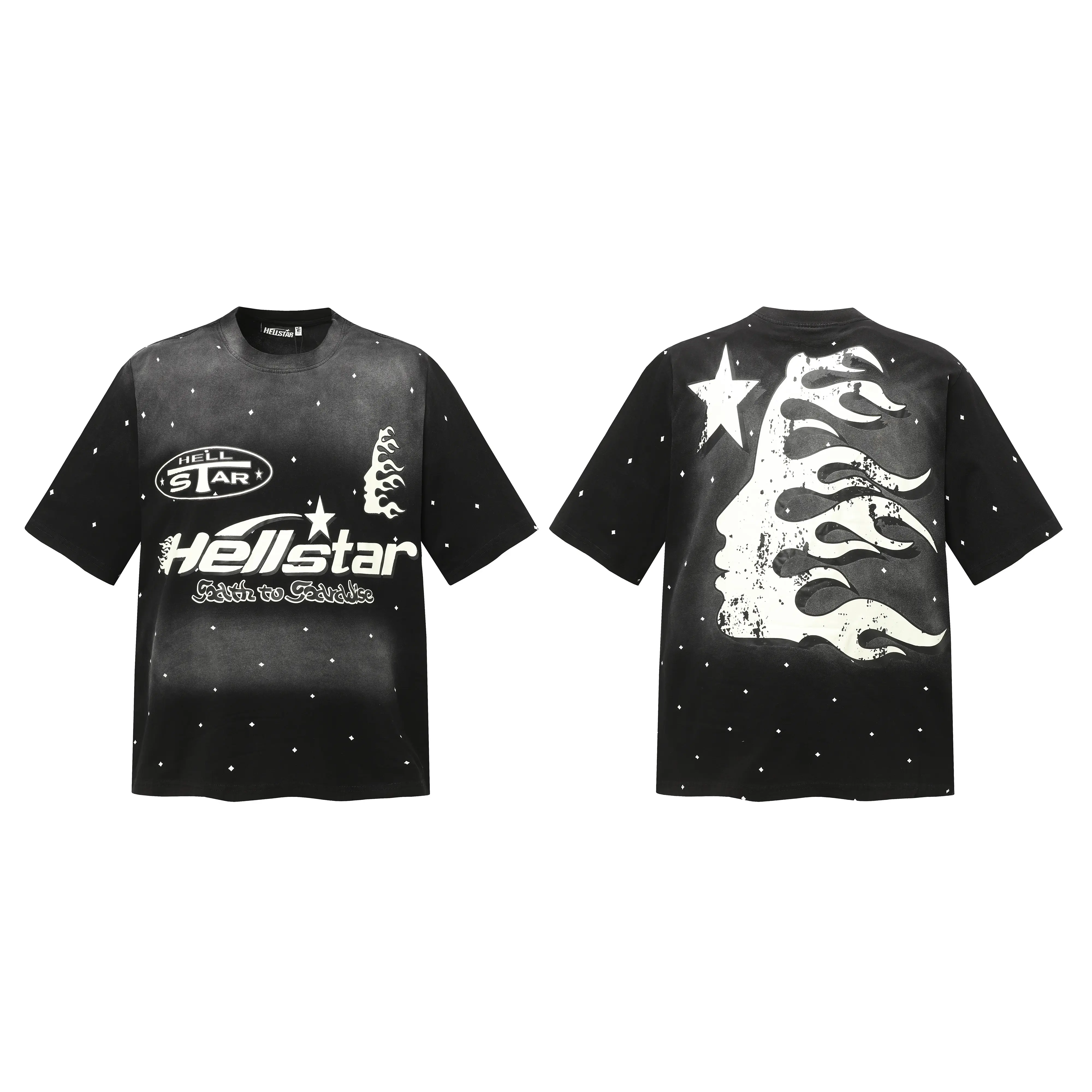 Y2K  HELLSTAR Certified Premium Star Speckle Shirt Flame Face Back Print Vintage Rap Tee Mens Standard Fit