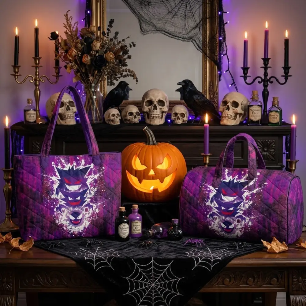 Shadow Monster Quilted Tote Bag and Weekend Bag Set, Pkm Monster Trainer Purple Ghost Trio Anime Graphic Design, Gift for Anime Fans