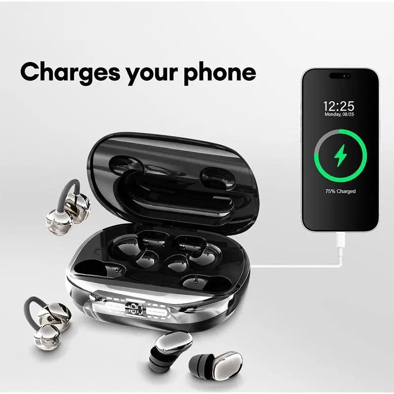 GT630S Bluetooth Wireless Earbuds with Chargeable Power Bank Case, 4 Earbuds, Clip-On Design, Noise Cancellation, Water Resistant, Reverse Phone Charging, Audio for Sports & Sleep, Android & iOS Compatible