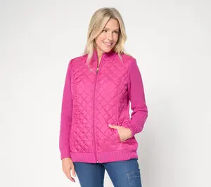 Denim & Co. Petite Quilted Zip Front Sweater Jacket