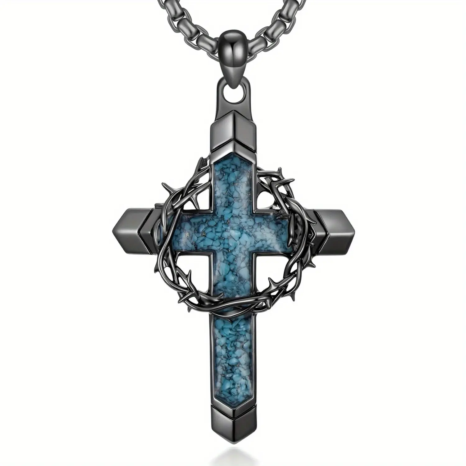 [Trendy Thorn Wreath Cross]Punk Retro Men's Turquoise Cross Pendant Necklace |   Thorn Wreath Design # Men'sJewelry # PunkStyle # CrossNecklace # RetroAccessories # Men'sFashion # TurquoiseJewelry