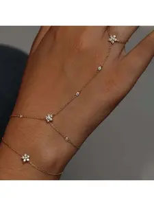 Cross-border popular flower linked-finger bracelet, simple and sweet, niche, Stackable Bracelets, with wate(water drill) hand chain and ring in one piece, fashionable and versatile for women