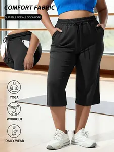 Plus Size Summer Basic Plain Fit Adjustable Elastic Waist Seven-Quarter Wide Leg Pants, Side Pockets, Drawstring Waist, Breathable Casual Daily Wear