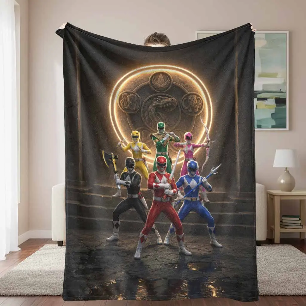 Colorful Masked Warrior Team Flannel Blanket with Dinosaur Temple Print Soft Warm Lightweight Cozy Throw for Sofa Bed Gaming Room Movie Night Holiday Gift
