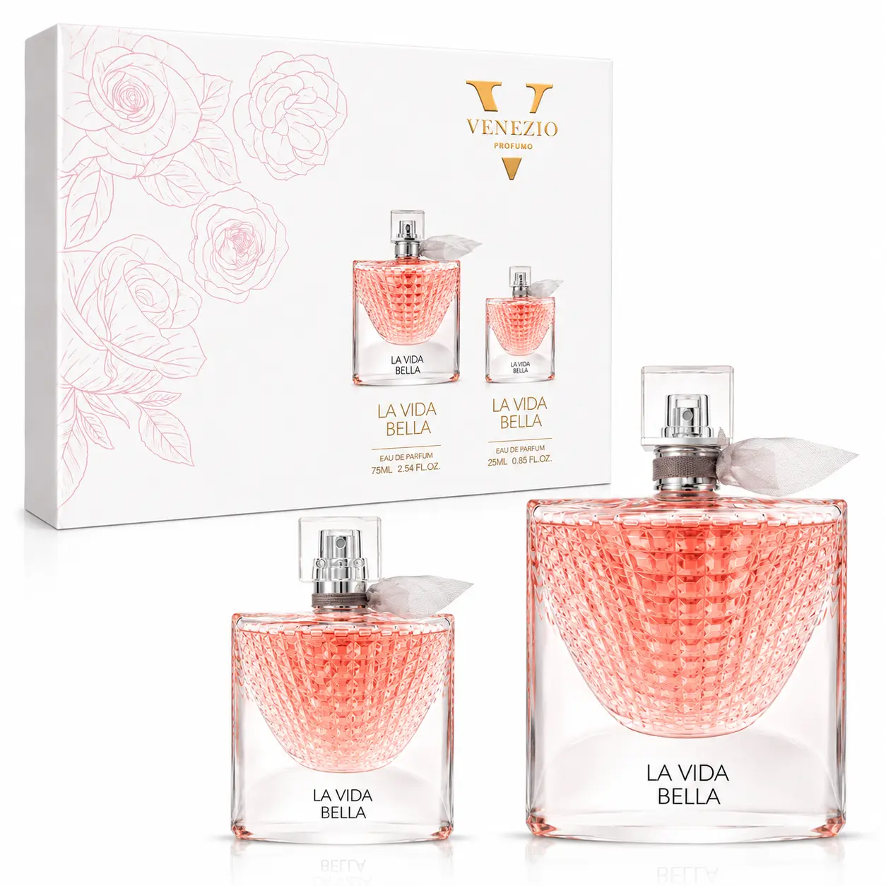 V Venezio Profumo La Vida Bella Eau de Parfum 75ml & 30ml Set for Women - sweet floral-fruity gourmand Fragrance in Gift Box