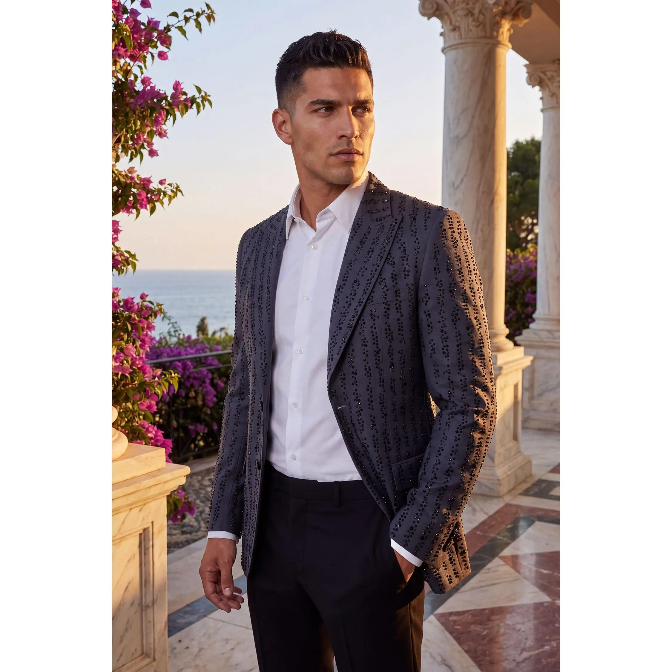 Vienna Rhinestone Blazer - Formal Coat with Collar, Long Sleeve, Elegant Design, Black Color, Casual Style for Men Fabric Menswear Suits Fitted