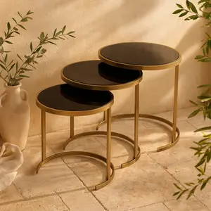 Set of 3 Metal Round Nesting Side End Accent Table with Mirrored Glass Top Set of 3 21", 19", 17"H
