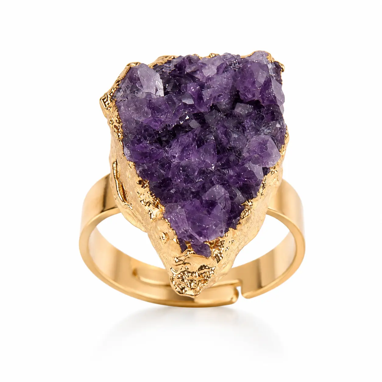 Statement Fashion Ring with Natural Purple Crystal Cluster, Gold-Tone Raw Stone Jewelry for Women, Adjustable Fit, Crystal Stone, Open Band