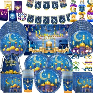 Eid Mubarak Plates Banner Balloon Tableware Ramadan Decoration