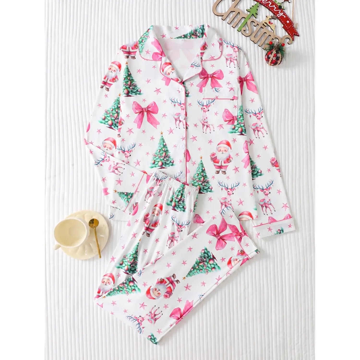 Christmas Eve Exclusive! Women's Plus Size Long - Sleeve Pajama Set (1XL- 4XL) Adorable Pink Bow,Santa & Reindeer Print . Ideal for Cozy Christmas Morning Gift - Opening, Festive Family Photoshoots, and Relaxing Holiday Movie Marathons!