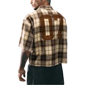 GORGLITTER Men's Gingham Cropped Shirt Button Up Number Graphic Boxy Short Sleeve Vacation Crop Tee Tops Streetwear