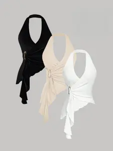 Women's Halter Top Set, Casual Bow Tie Metal Buckle Design, Chic Tight Fit Asymmetric Hem Vest, Fall 3 Piece Set, Graphic