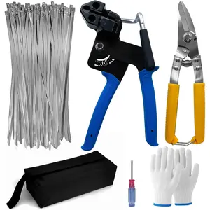 Metal Zip Ties Tool Gun  One Hand Operation Metal Cable Tie Gun for Fastening Cutting Stainless Steel Zip Ties, Comes With 100pcs Self-Locking Metal Zip Ties Heavy Duty Outdoor, Scissors