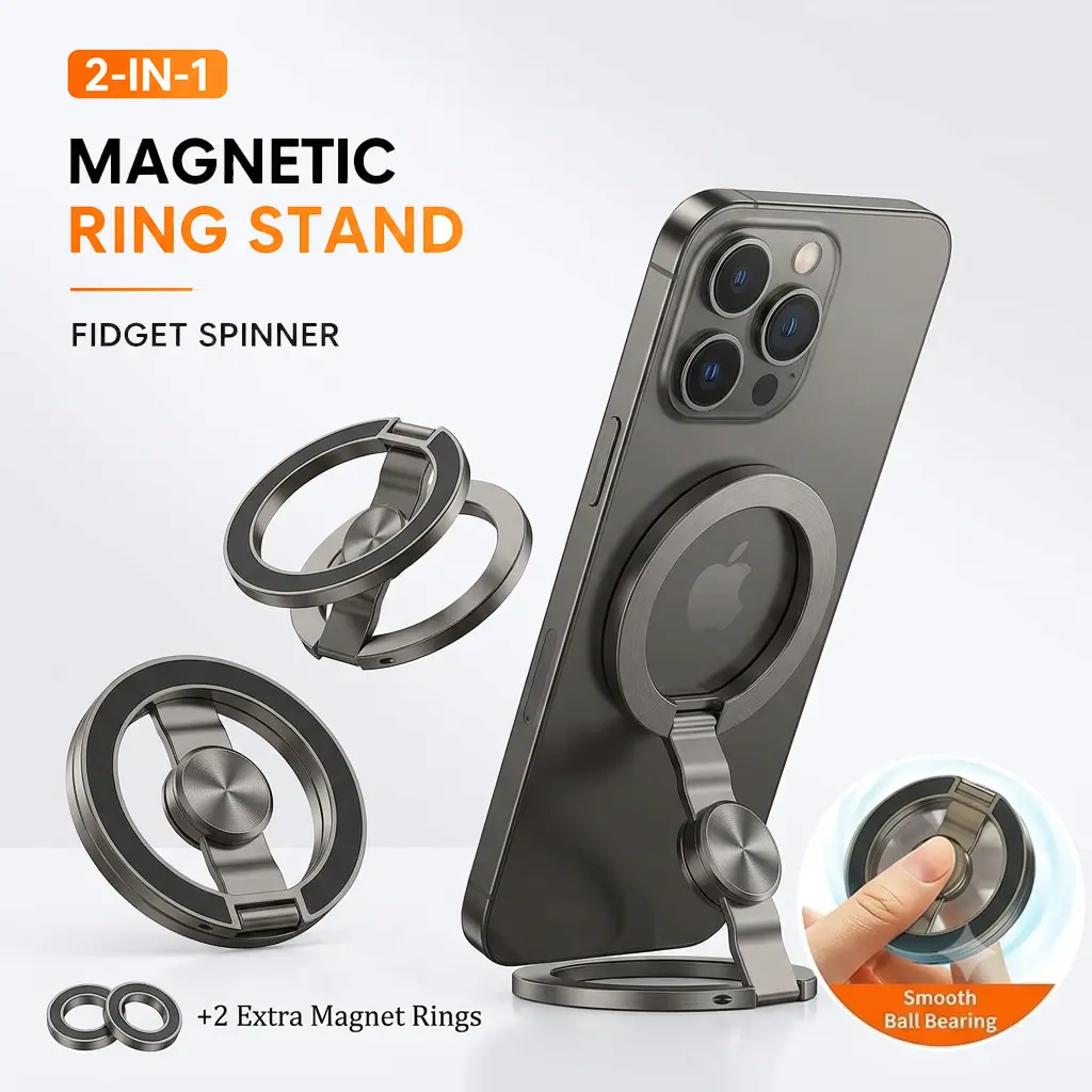 2PCS Compact Double-Sided Magnetic Fidget Spinner Mobile Phone Ring Stand Accessories - Adjustable Heavy-Duty Zinc Alloy Kickstand for Gym Mount, Desk Use, Landscape View, Includes 2 Extra Magnet Rings for All Phones (Gray + Gold)