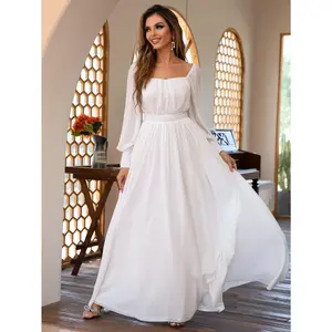 White Square Neck Chiffon Long Sleeve High Waist Flowy Maxi Dress