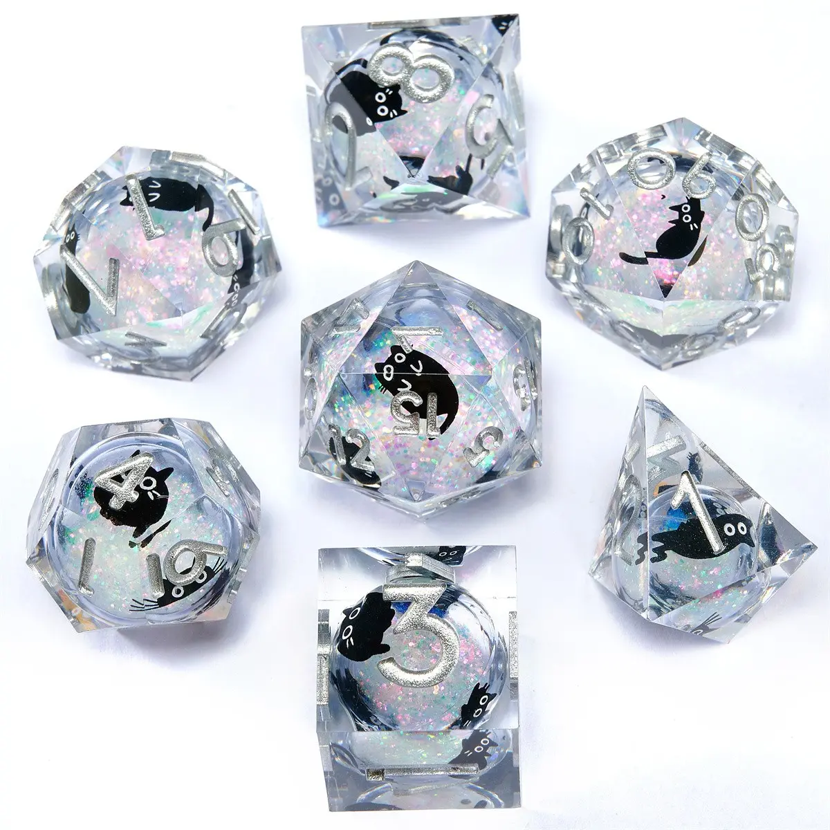 Cat Theme Liquid Core D&d Dice Set, 7 Polyhedral Dice, Tabletop Game Festival D&d Dice Kit, Mtg Dice, Dragon & Dungeon Dice, Resin Dice